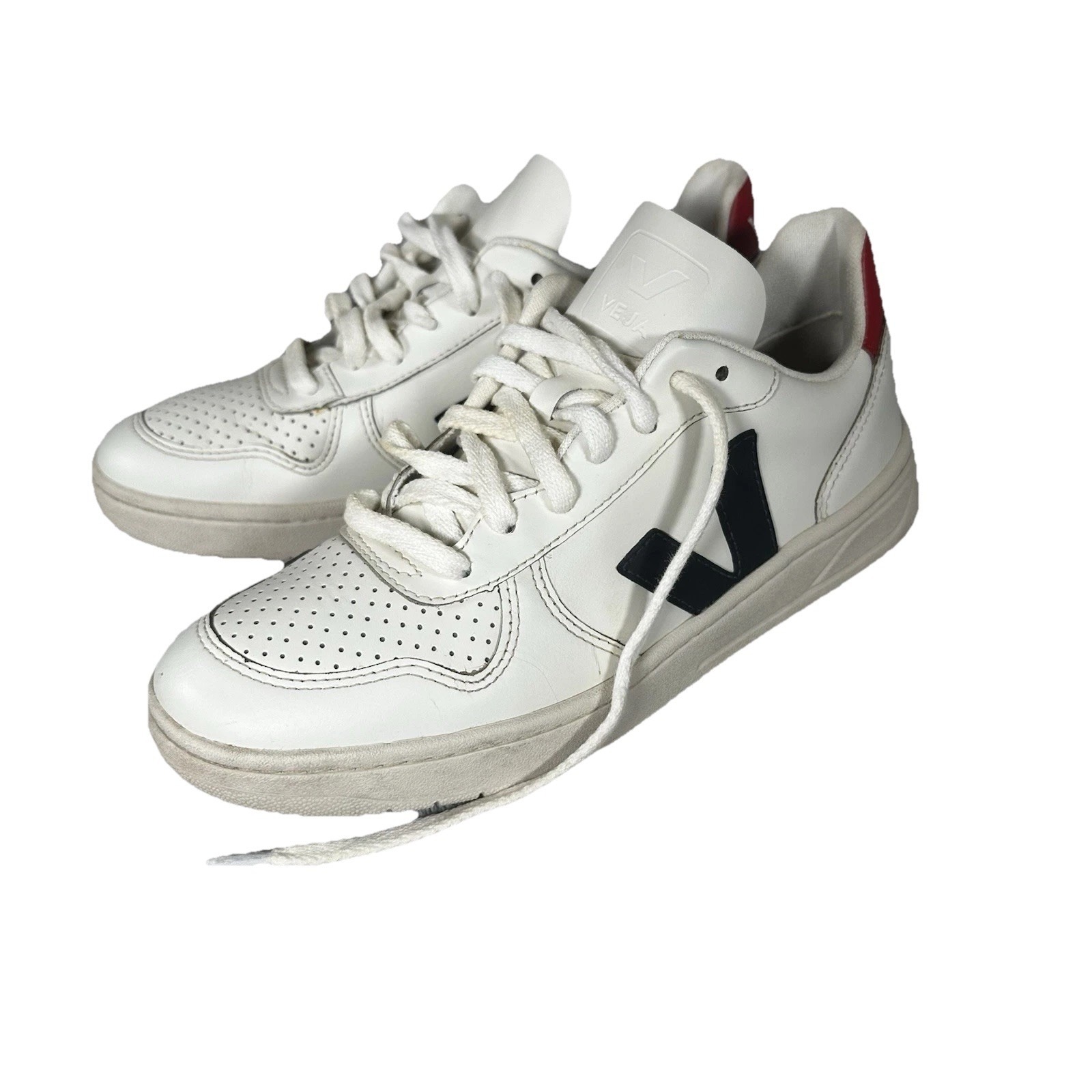 Veja V-10 Womens Sneakers White Leather Red Blue Size 7 Eu 38 Casual